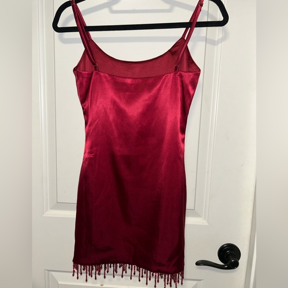 NWT S White Fox Boutique Dark Red Satin mini Dress lost in thought beaded fringe - Picture 8 of 10